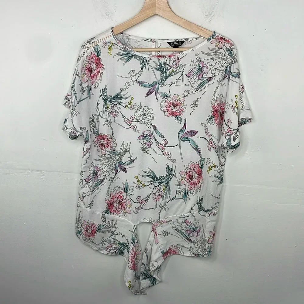 Buffalo David Bitton Top Womens White Floral Print Front Tie Blouse Small